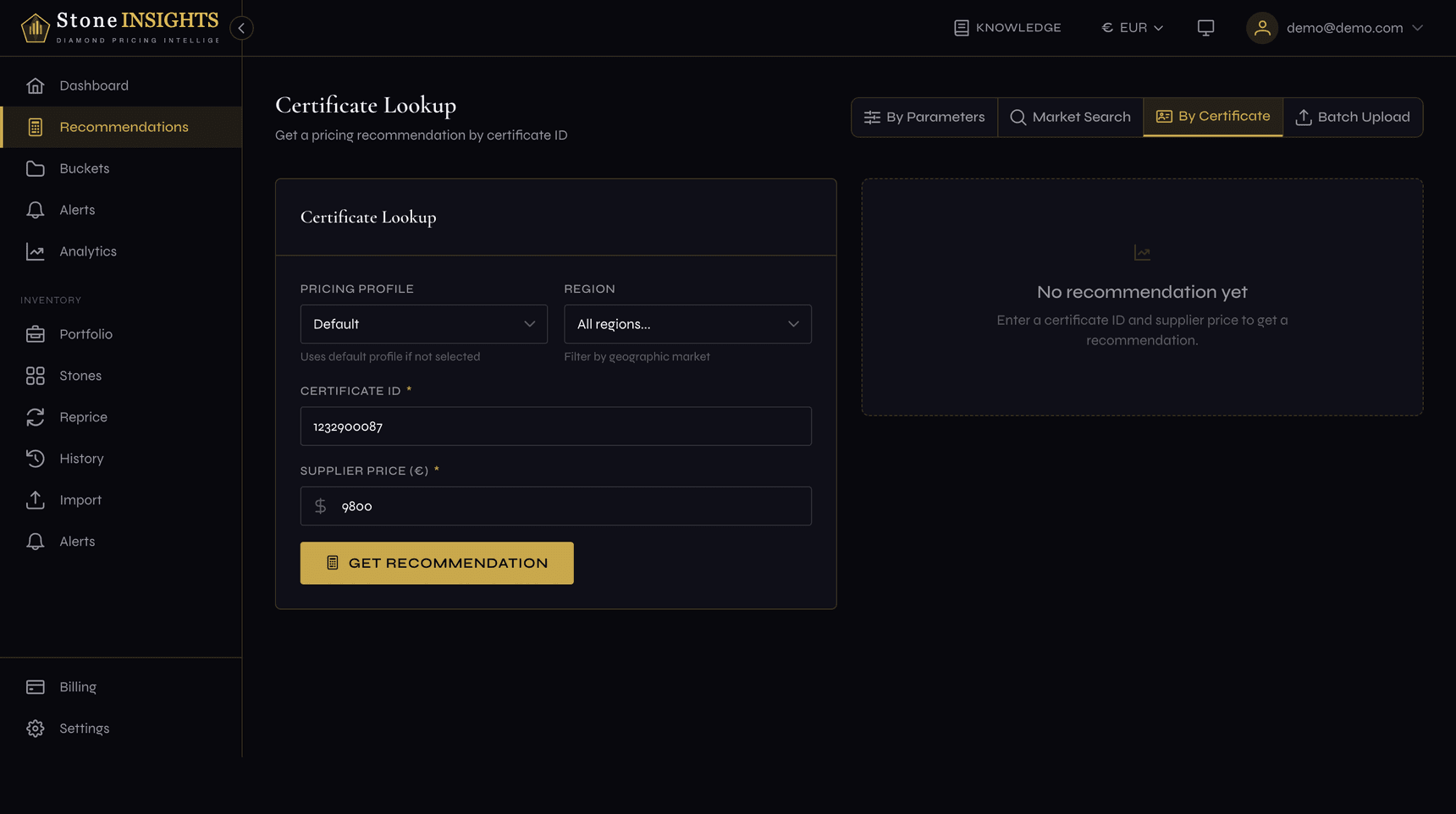 Certificate Lookup form filled in with profile, region, certificate ID and supplier price