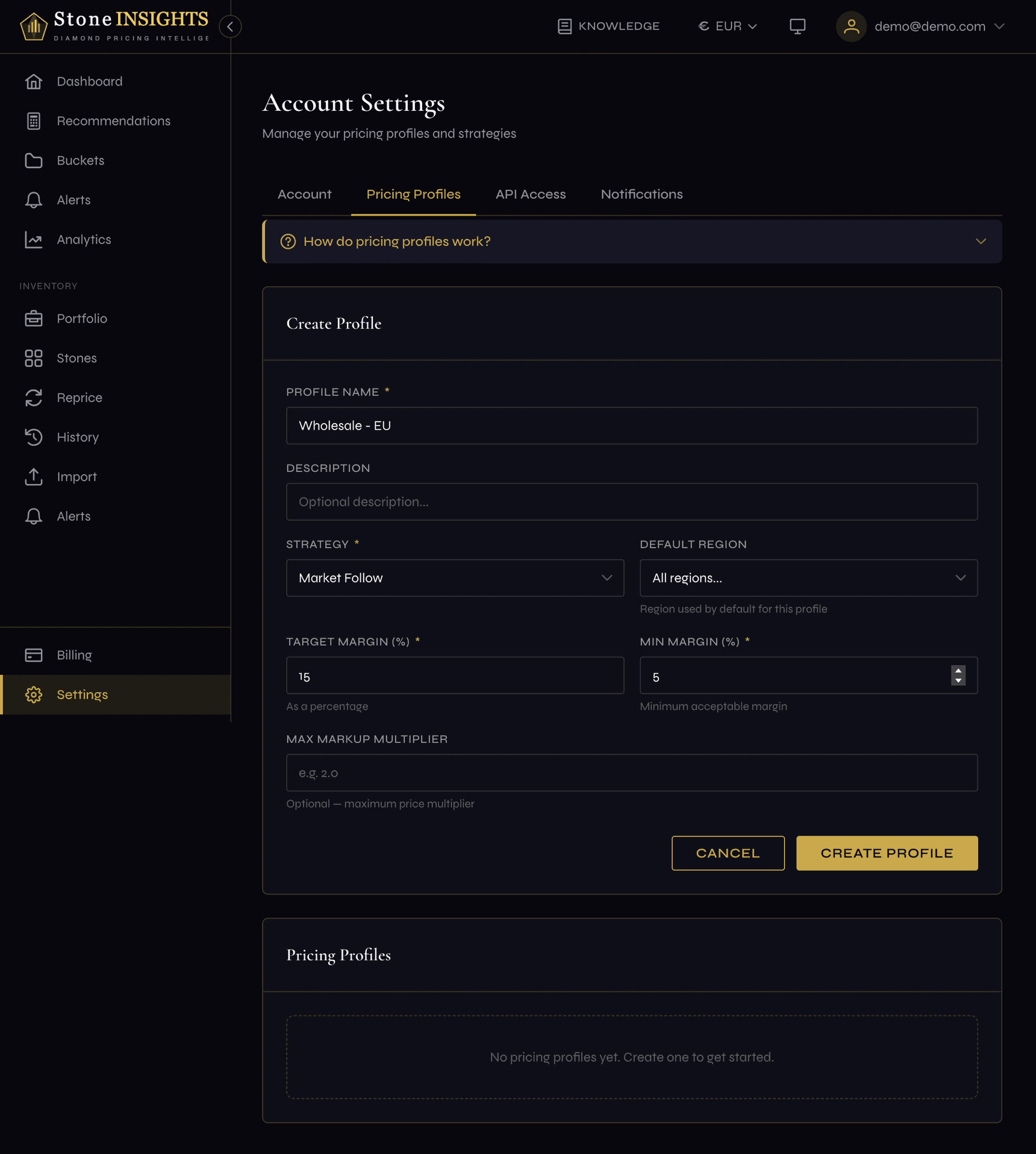 Filled-out create profile form