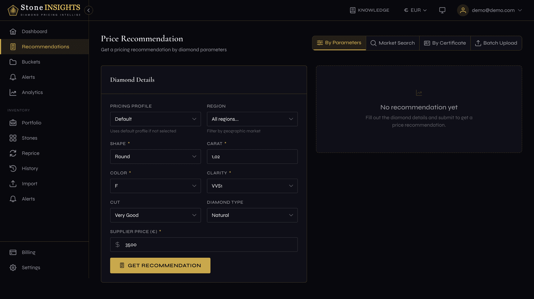 By Parameters form filled in with Round shape, 1.02 carat, F color, VVS1 clarity, Very Good cut, Natural type and a supplier price of 3500 EUR