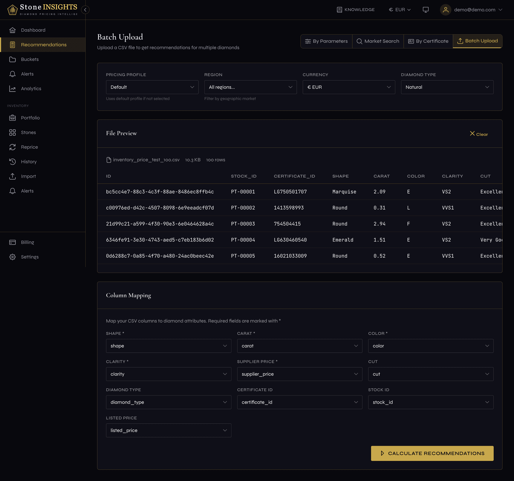 Column mapping grid with dropdowns for each diamond attribute and a sample data preview above