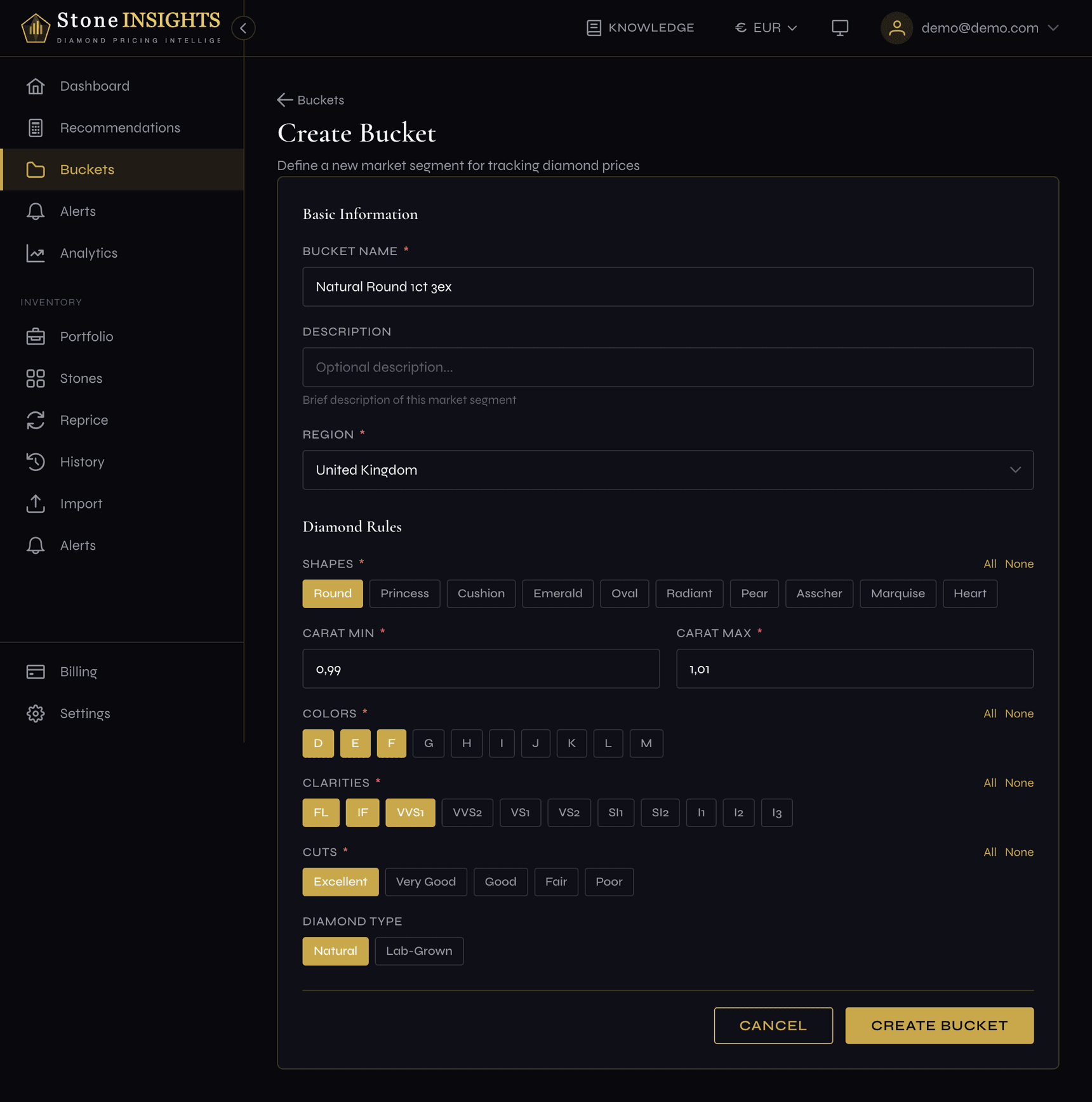 Bucket creation form filled in with segment rules for round diamonds