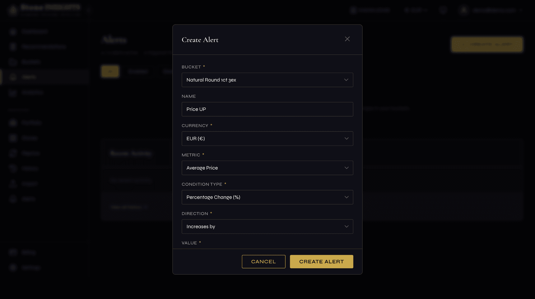 Create Alert modal with Bucket set to Natural Round 1ct 3ex, Name "Price Up", Currency EUR, Metric Average Price, Condition Type Percentage Change, and Direction Increases by