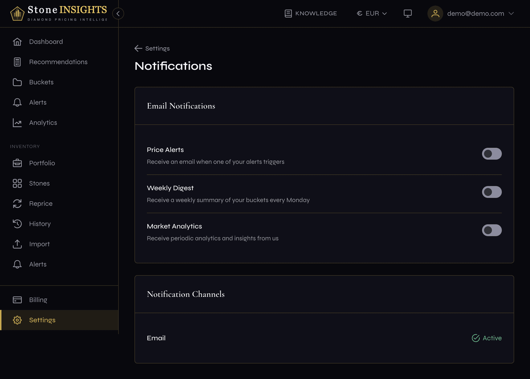 Notifications page showing three email notification toggles for Price Alerts, Weekly Digest, and Market Analytics