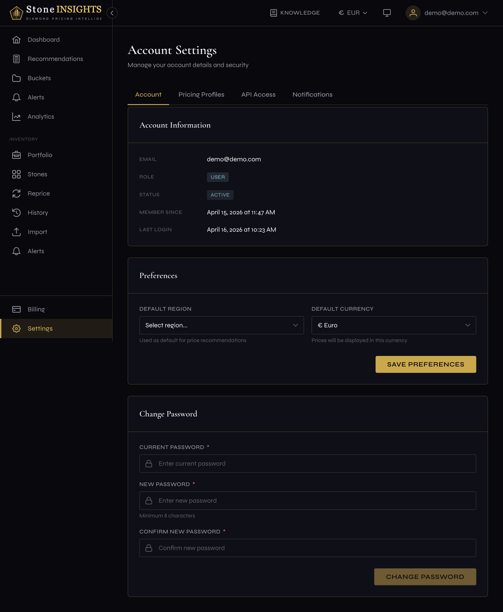 Profile page showing the Preferences section with Default Region and Default Currency dropdowns