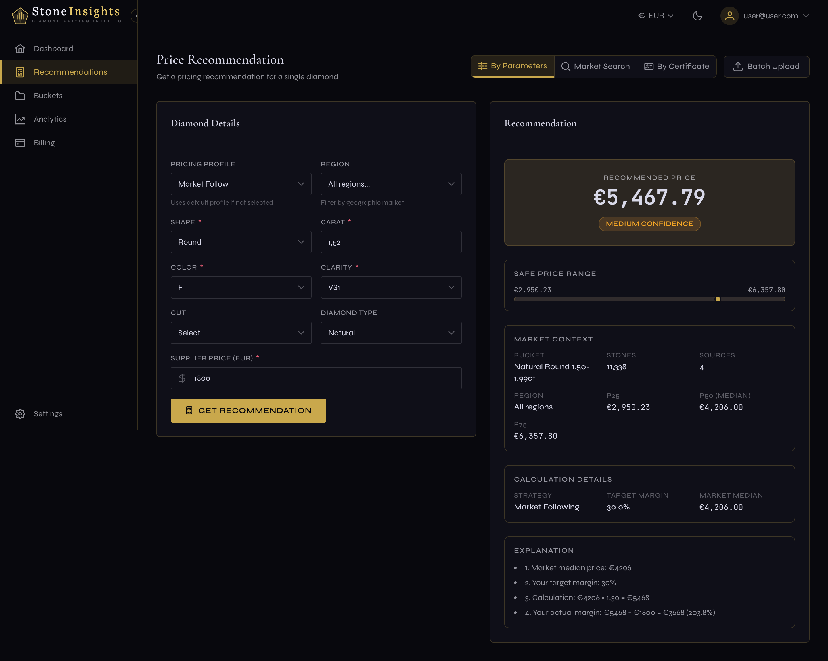 Stone Insights dashboard showing price recommendation for a 1.52ct F VS1 Round Brilliant diamond with confidence range and 247 comparable stones